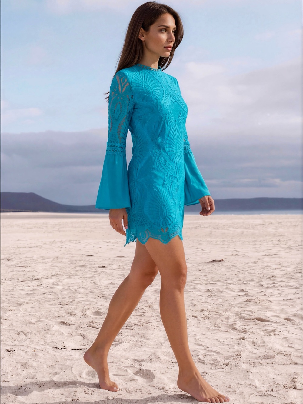 🌹 Turquoise Blue Lace Chiffon Bell Sleeve Dress 🌹